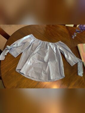 Off-Shoulder Light Blue Tie-Sleeve Blouse